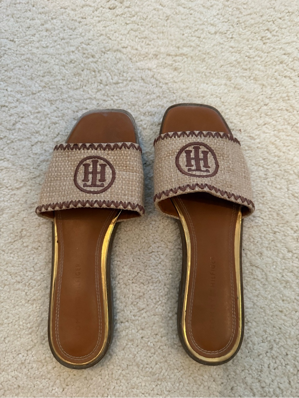 Tommy Hilfiger Brown Raffia Slide Sandals with Logo Strap